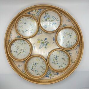 Vintage Bamboo Serving Tray w/ 6 Matching Coasters Floral Insert Made in Taiwan